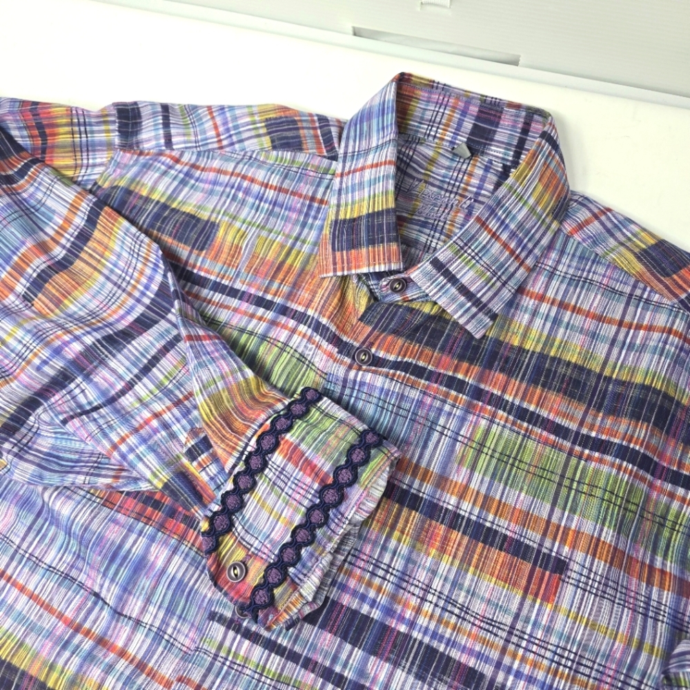 Visconti Black Button Up Shirt Men's Colorful Striped Flipcuff‎ With Details XL.